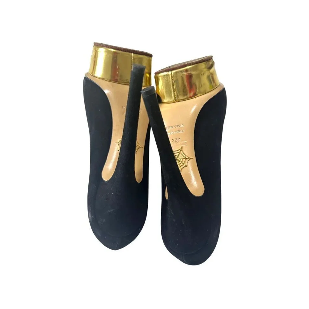 Charlotte Olympia Dolly Platform Pumps, Black Suede-Gold Leather, 38.5 EU
